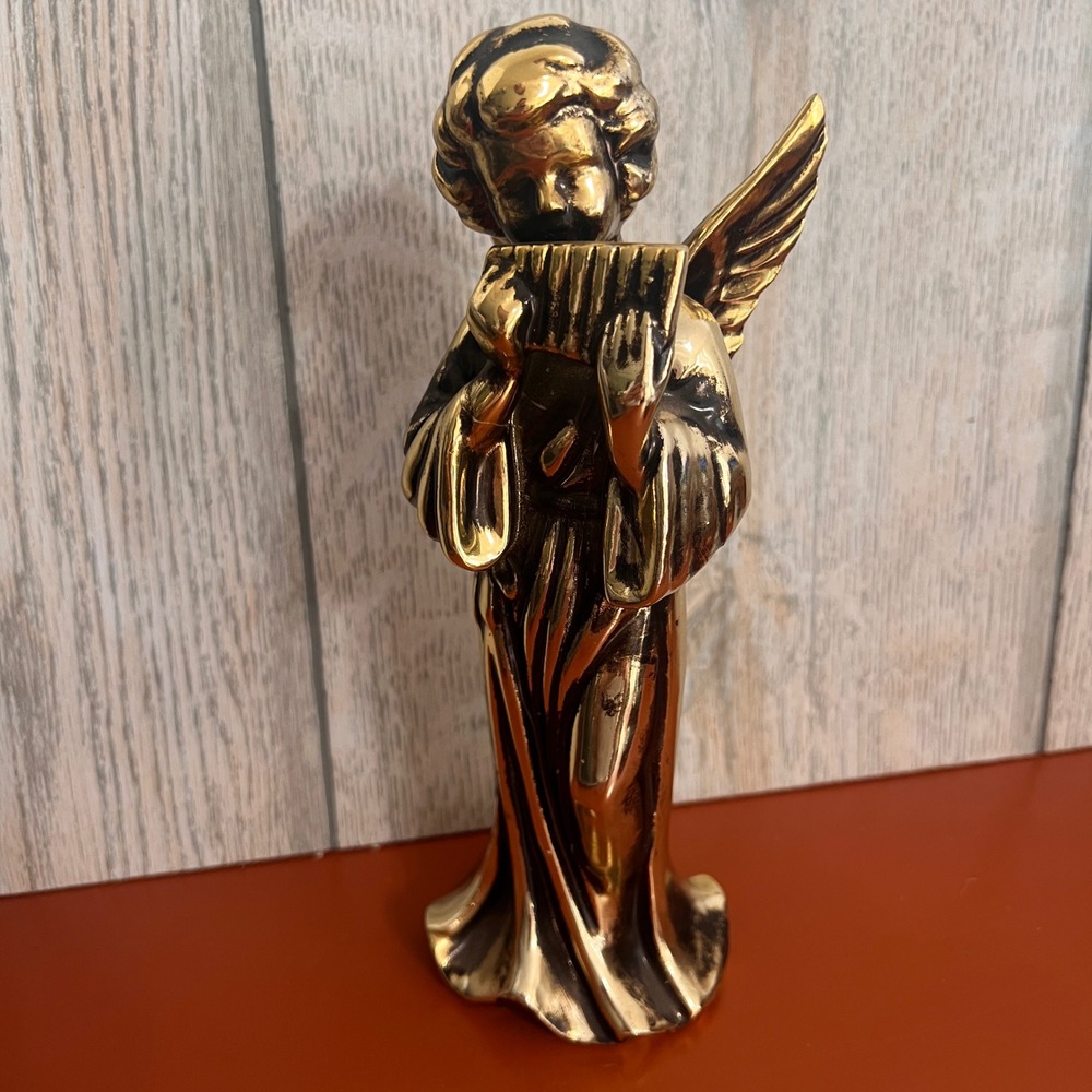 Vintage Gold Tone Angel Figurine Playing Pan Flute Winged Celestial Decor 8.25in